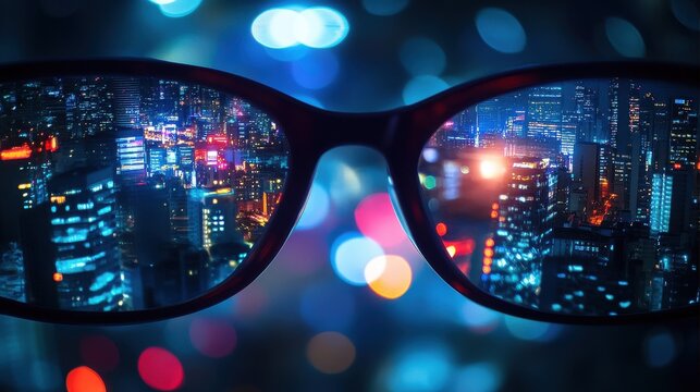 Abstract bright night city view through eyeglasses. Blurry background. Vision concept