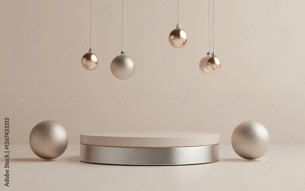 Poster luxurious 3d rendered podium with floating metallic ornaments in a stylish minimalist scene on a sof