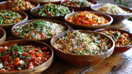 A creative assortment of Spanish rice dishes, including seafood and vegetarian options,