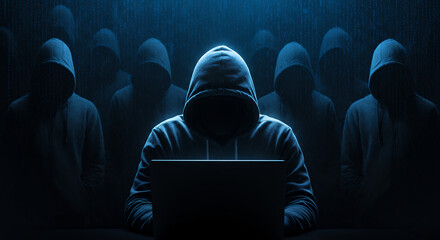 Cyber Threat: Hooded Hackers Group. Data Breach, Dark Web, Privacy Invasion, and Online Security Risks. Be Aware, Stay Safe!