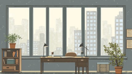 Urban office interior with city view; suitable for workspace, study, or design inspiration