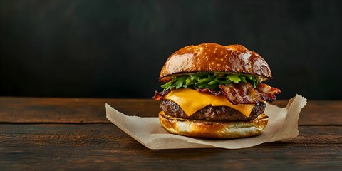 Bacon Cheeseburger with Cheese, Bacon, and Arugula on a Pretzel Bun and Parchment Paper: A Close-Up Food Photography Image