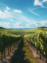 Fototapeta premium A vineyard with rows of grape vines stretching to the horizon under a blue sky.