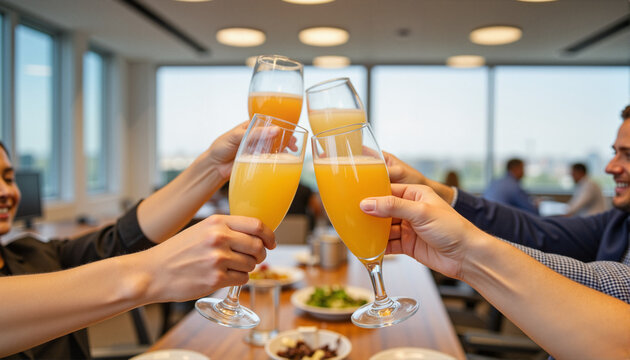 Group celebrating with cheers and drinks at a modern office for blogs, websites, corporate events, party invitations, social gatherings, and marketing materials