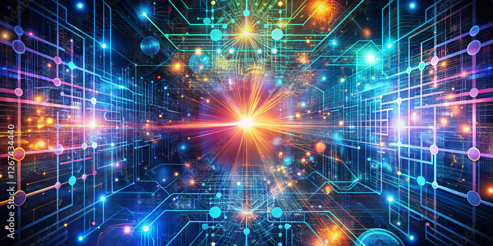 Poster colorful bursts of light and dynamic patterns illustrate the intersection of digital technology and 