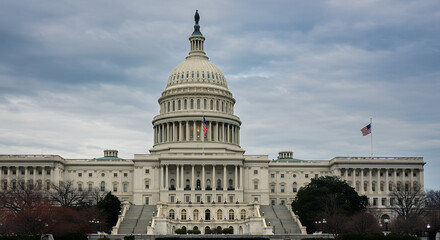 United States Capitol Building: Iconic Dome, American Flags, & Grand Architecture. Washington D.C. Landmark.