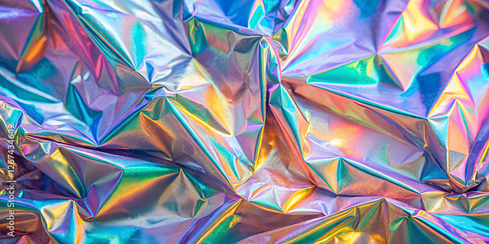 Poster reflections of vibrant colors dance across a crumpled metallic surface, highlighting the unique text
