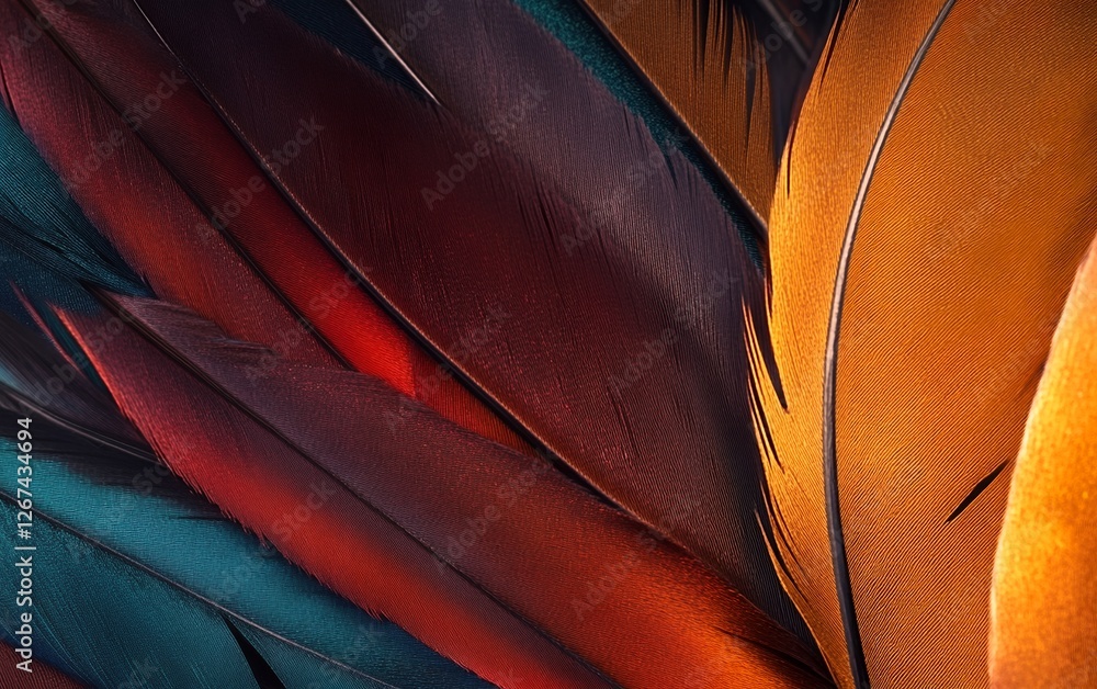 Poster vibrant macro close-up of multicolored feathers with rich textures and iridescent colors for nature 