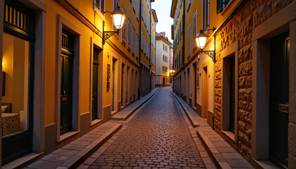 Fototapeta premium Cobblestone street illuminated by warm lights for travel blogs, websites, urban design inspiration, architectural presentations, and digital art backgrounds
