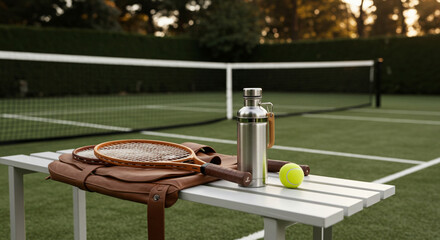 A still life of tennis equipment, including a racket, balls, and a water bottle, conveying a sense of relaxed outdoor leisure, on a bench beside a tennis court