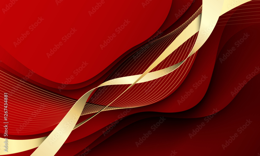 Poster abstract gold ribbon wave curve overlap on red design luxury background vector