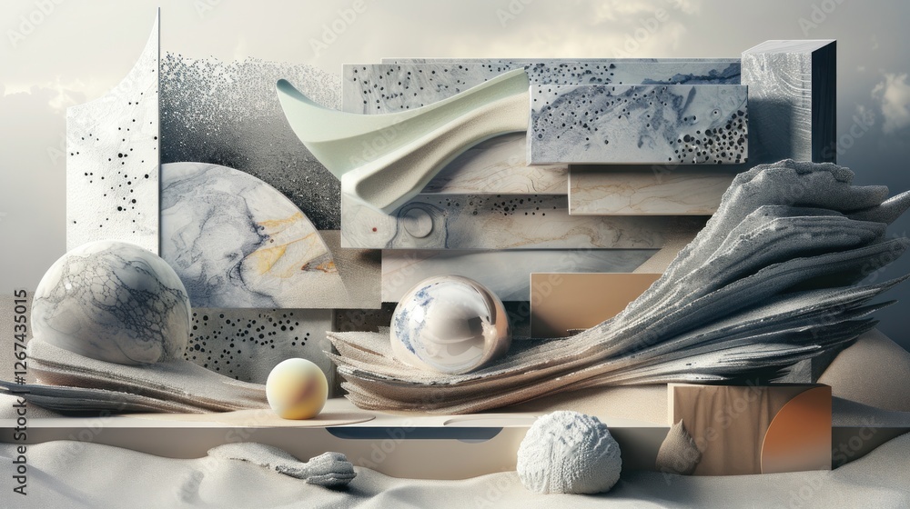 Poster a creative layered 3d render, with overlapping textures and elements,