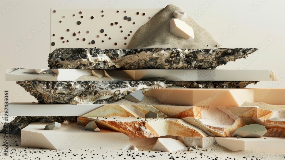 Poster a creative layered 3d render, with overlapping textures and elements,