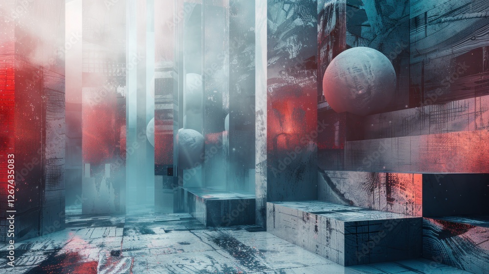 Poster a creative layered 3d render, with overlapping textures and elements,
