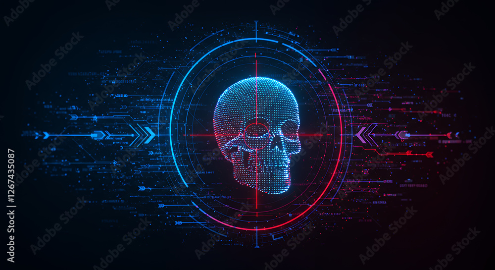 Poster digital skull target: cyber threat detected. data breach alert, hacking attack warning. security sys