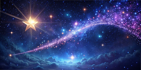 Fototapeta premium A luminous star shines brightly in the night sky, leaving a sparkling trail through a cosmic landscape. Vivid hues of blue and purple create a dreamlike atmosphere
