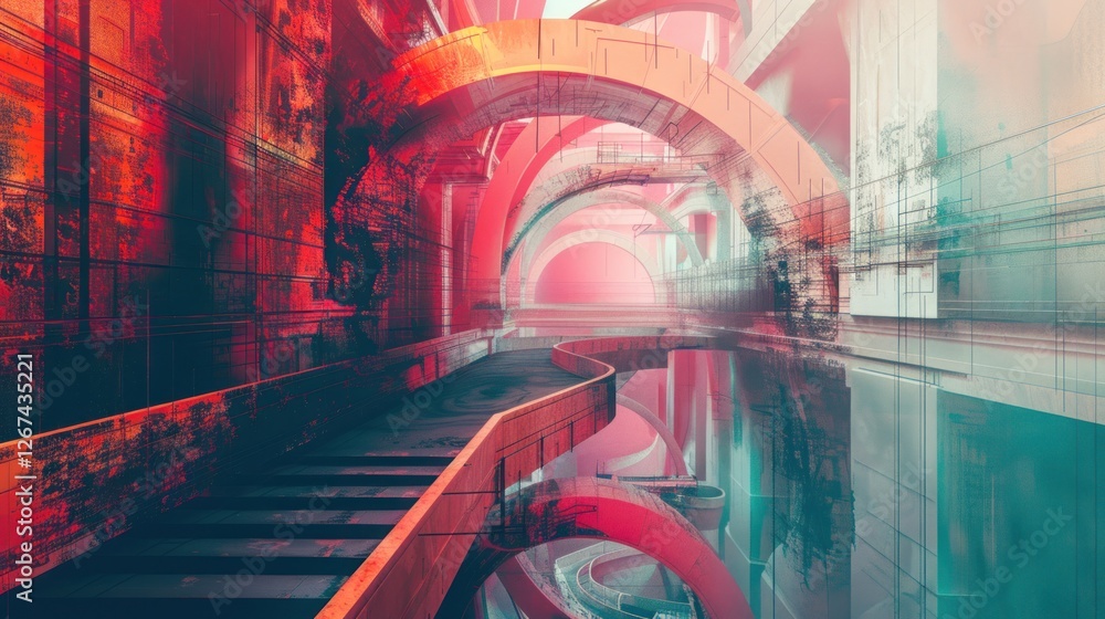 Poster a creative layered 3d render, with overlapping textures and elements,