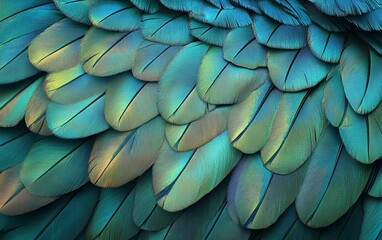 Fototapeta premium Vibrant blue and green parrot feathers close up with detailed texture and iridescent shine from exotic tropical bird plumage for nature and wildlife photography backgrounds