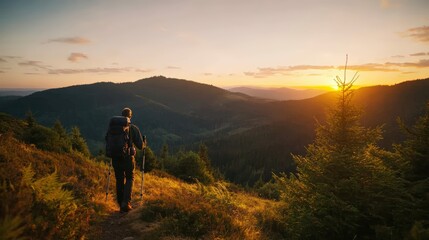 Silhouette of a hiker standing on a mountain peak admiring a colorful sunset view in the background