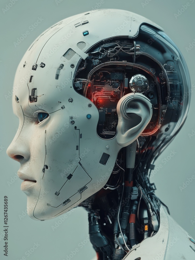 Poster humanoid robot with exposed circuitry in the brain symbolizing advanced ai robotics and neural augme