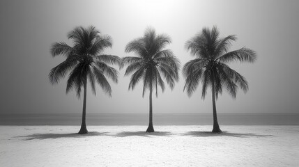 Three palm trees on a hazy beach in monochrome.