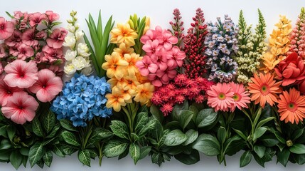 Vibrant Arrangement of Colorful Artificial Flowers with Lush Green Leaves on White Background