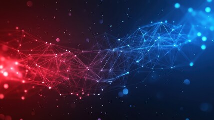 Technology bright low poly connection abstract background. Blue and red blurred futuristic vector design