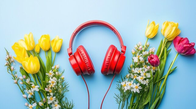 Vibrant red headphones surrounded by colorful spring flowers, symbolizing music, joy, and the freshness of nature Perfect for spring themed content