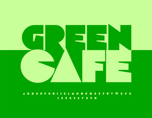 Vector Trendy signboard Green Cafe. Big Geometric Font. Cool Digital Alphabet Letters and Numbers set. 