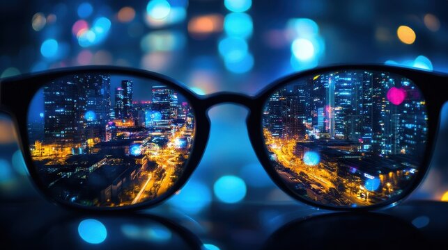 Abstract bright night city view through eyeglasses. Blurry background. Vision concept