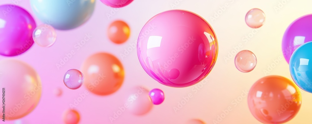 Poster a vibrant array of colorful bubbles floating against a soft gradient background, creating a playful 