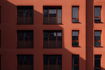 Brick facade with dark windows and sunlight.
