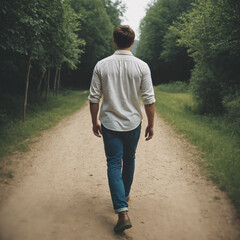 Obraz premium rear-view of man walking in nature on small path near forest or countryside