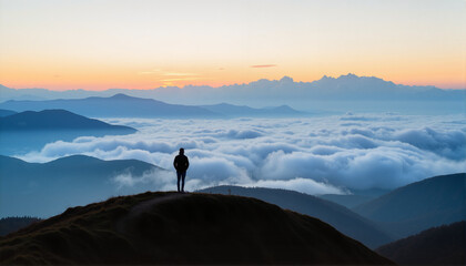 Silhouette of a person overlooking clouds at sunset for blogs, websites, motivational content, travel guides, nature-themed designs, presentations, and digital art projects
