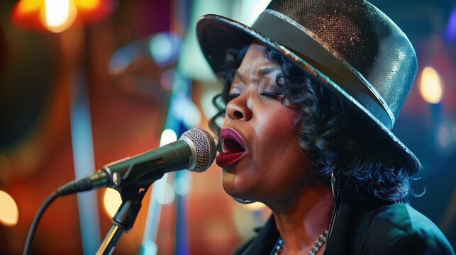 Female jazz singer performing passionately, holding microphone, entertaining crowd in dimly lit nightclub atmosphere