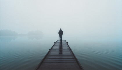 Person standing alone on a misty dock over calm waters for blogs, websites, mental health awareness, solitude reflections, and inspirational presentations