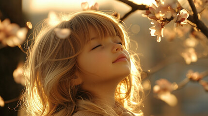 Fototapeta premium Golden-Haired Girl Bathed in Sunlight, Surrounded by Flowers