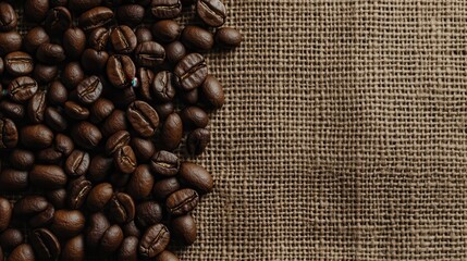 Freshly Roasted Coffee Beans on Natural Burlap Texture Background