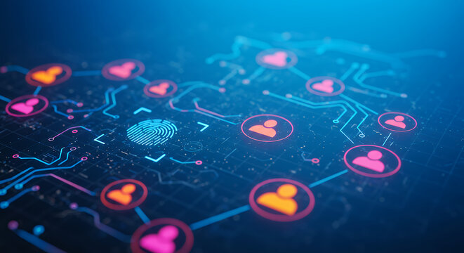 Secure Digital Network: Data Security, Privacy, & Identity Management. Abstract Cyber Technology with User Connections & Fingerprint Scan. - Powered by Adobe