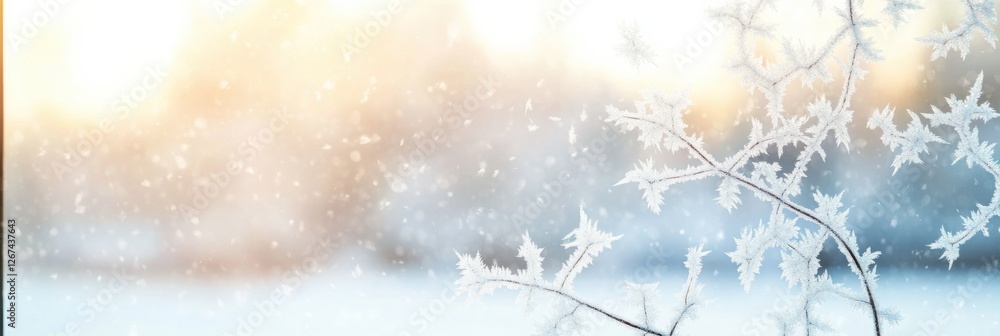 Poster frosty sensations through a window adorned with intricate frost patterns during a serene winter morn