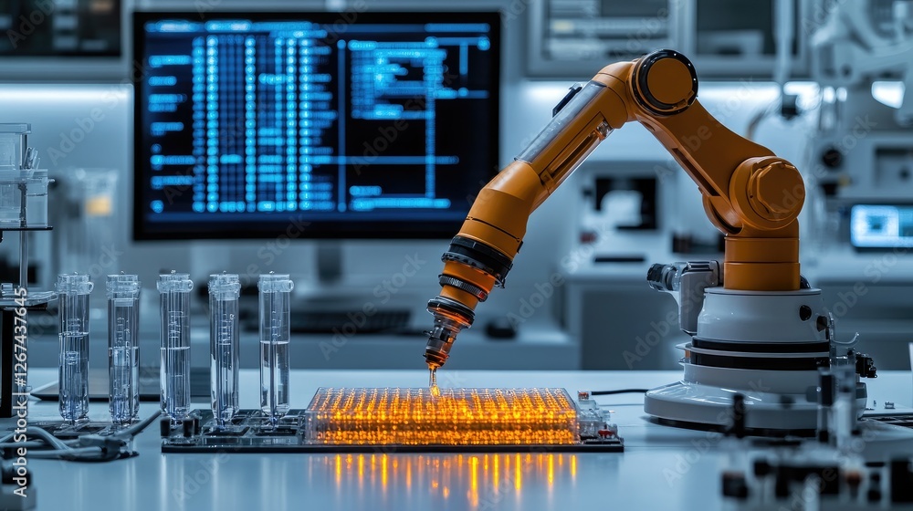 Poster robotic arm assembling circuit boards in lab