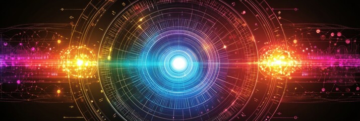 Obraz premium Abstract Circular Design, Digital Pathways, Central Blue Light, Futuristic Technology