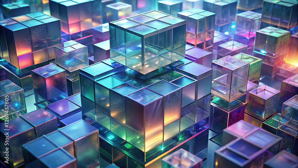 Poster an array of transparent cubes arranged in a complex pattern emits colorful glows and reflections, cr