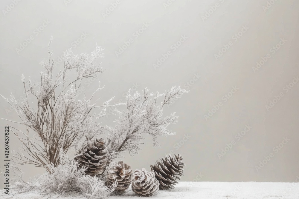 Poster frosted pinecones create a serene winter display in a minimalist environment
