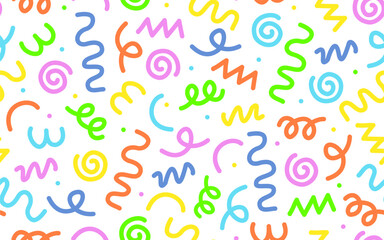 Seamless abstract pattern with colorful squiggles, spirals, and curves on a white background. Playful hand-drawn style, perfect for textiles, wallpapers, and wrapping paper.