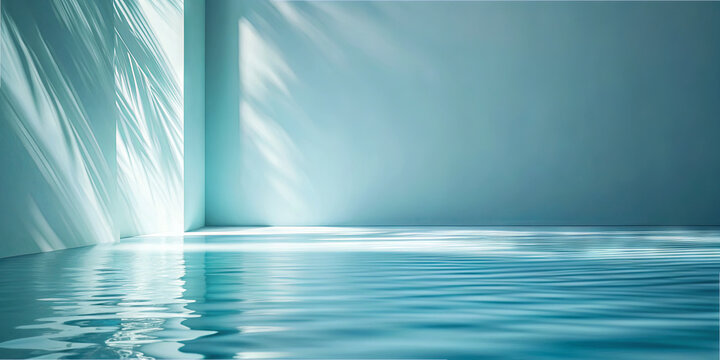 Sunlight filters through a corner, creating soft reflections on water in a serene, minimalist indoor space. The ambiance is calm and inviting, promoting relaxation