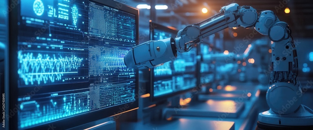 Poster robotic arm interacts with data screens in a futuristic factory