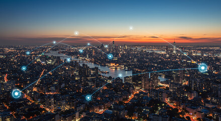 Connected City: Futuristic Network Over Illuminated Urban Skyline at Dusk - Smart City, Technology, Innovation & Communication Concept