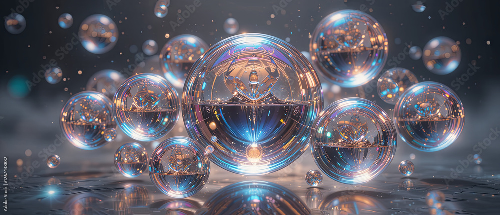 Poster colorful bubbles of various sizes float gracefully in a dark, mist-filled space, reflecting light an