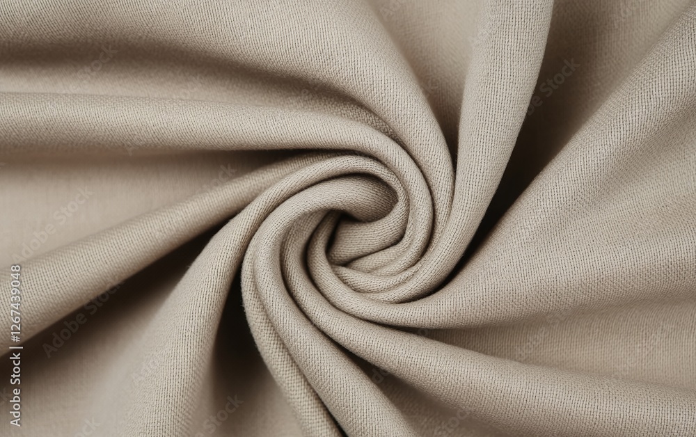 Poster close up of beige textured fabric with artistic twisted swirl pattern and elegant soft textile mater